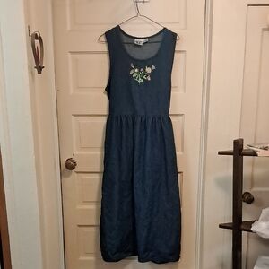 Ladies  Navy Blue Denim Embroidered Sleeveless Dress